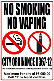 no smoking/no vaping sign with city ordinance and penalty information