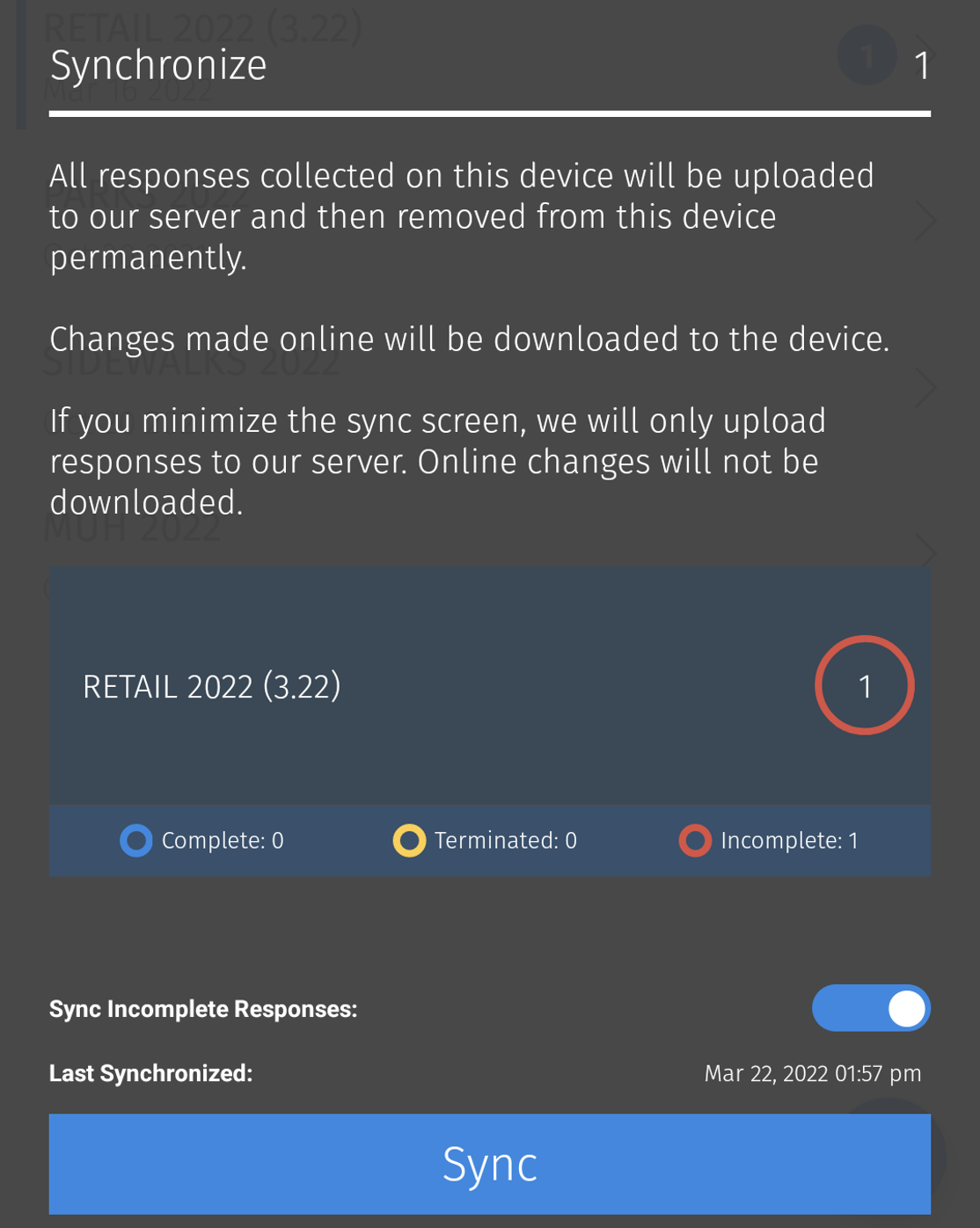 screenshot of what is shown on a device when you open the SurveyPocket app to synch it
