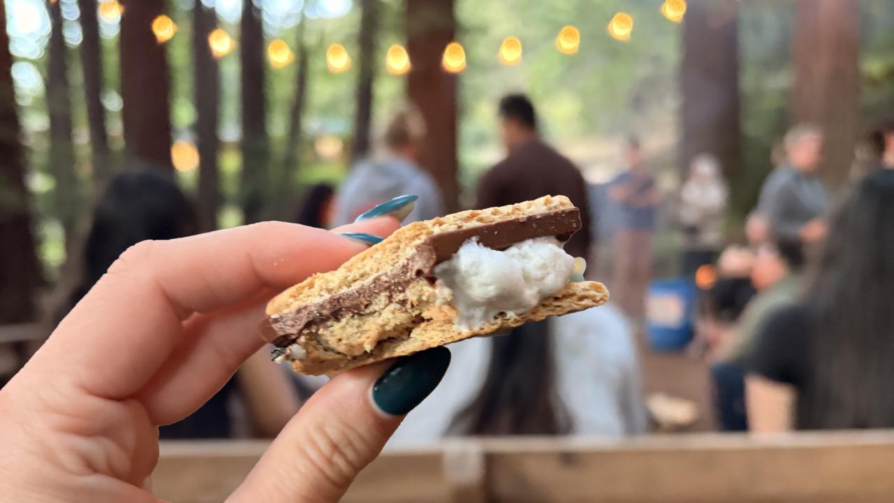 Hand with teal nail polish holding toasted s'more, blurred campfire and string lights