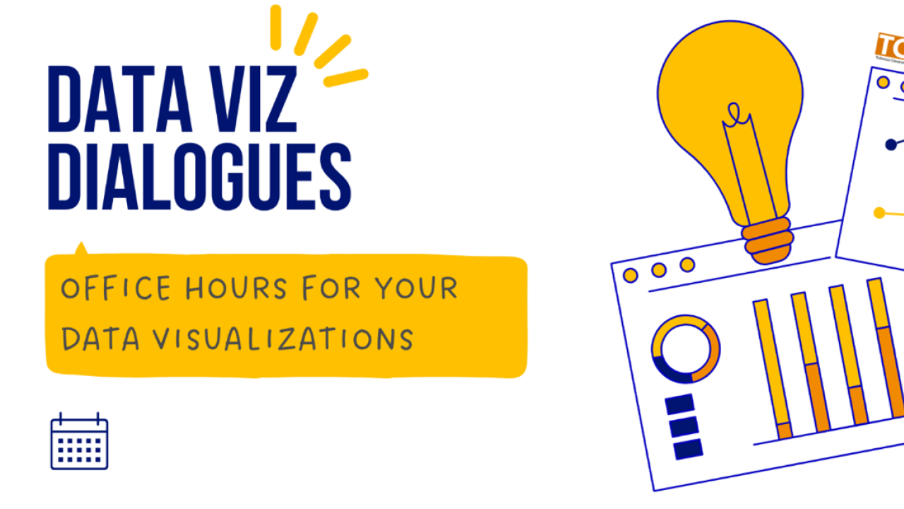 Graphic banner "Data Viz Dialogues" with lightbulb, charts, calendar, blue and yellow accents