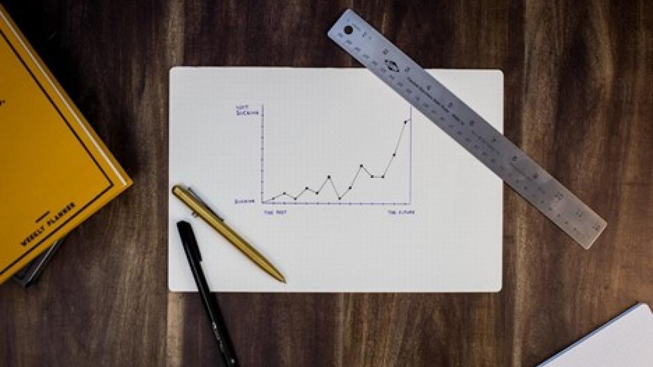 a piece of paper with a line graph on a table with a ruler and two pens